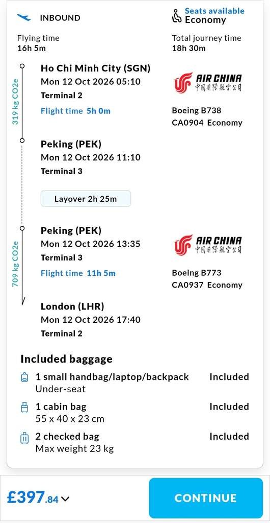 Return flights to Ho Chi Minh City, Vietnam from Heathrow, 21 Sep - 12 Oct, 2x 23kg luggage included