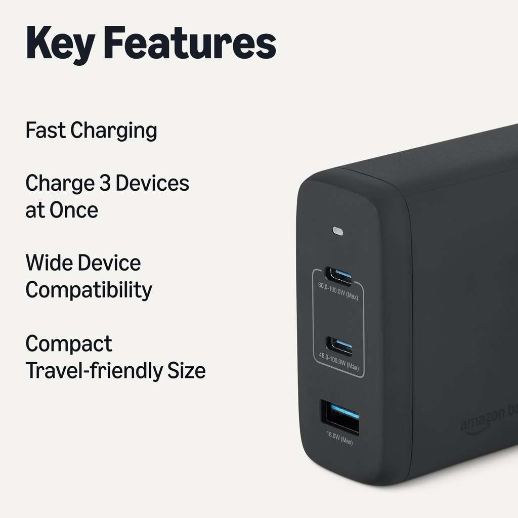 Amazon Basics 120W 3-Port USB C Nano GaN Wall Charger, Black