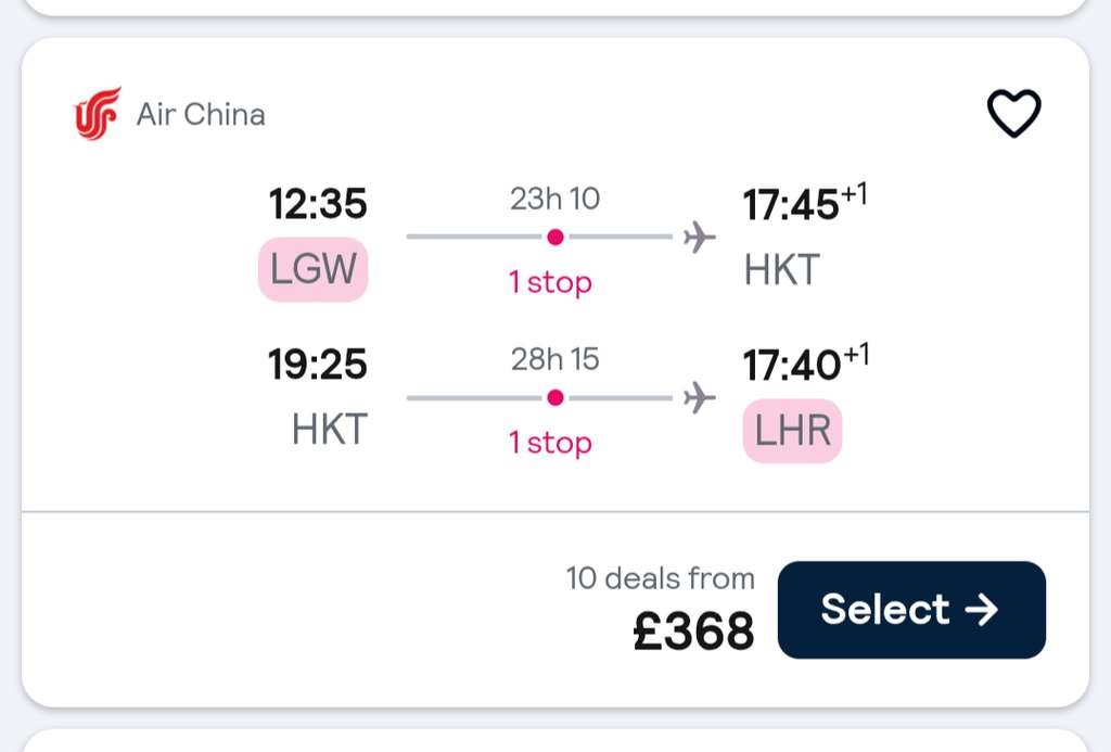London Gatwick to Phuket, Thailand return via Beijing, includes checked bag, September - October dates