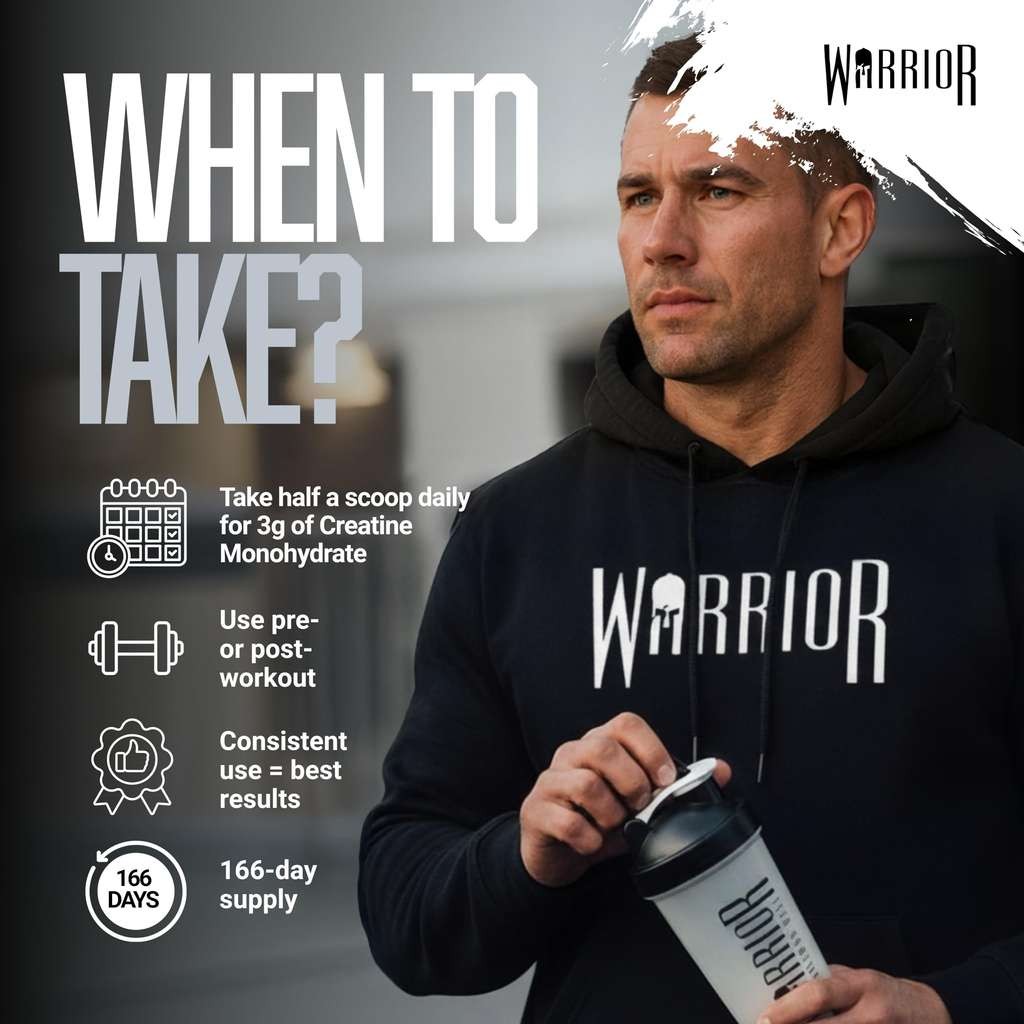 Warrior Creatine Monohydrate Powder 500g (166 servings), pure micronised, mixes easily
