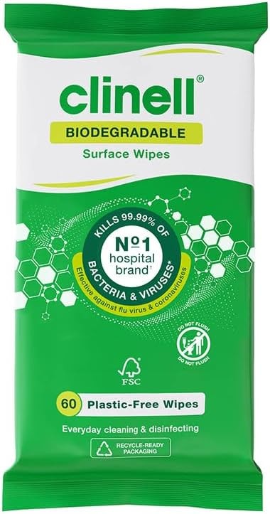 Clinell Universal Biodegradable Cleaning and Disinfectant Wipes for Surfaces, Pack of 60, Plastic Free, Multi-Purpose Wipes, Kills 99.99% of Bacteria & Viruses, Neutral Scent