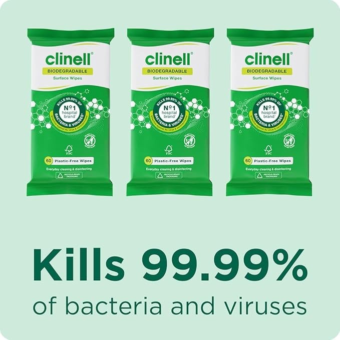 Clinell Universal Biodegradable Cleaning and Disinfectant Wipes for Surfaces, Pack of 60, Plastic Free, Multi-Purpose Wipes, Kills 99.99% of Bacteria & Viruses, Neutral Scent