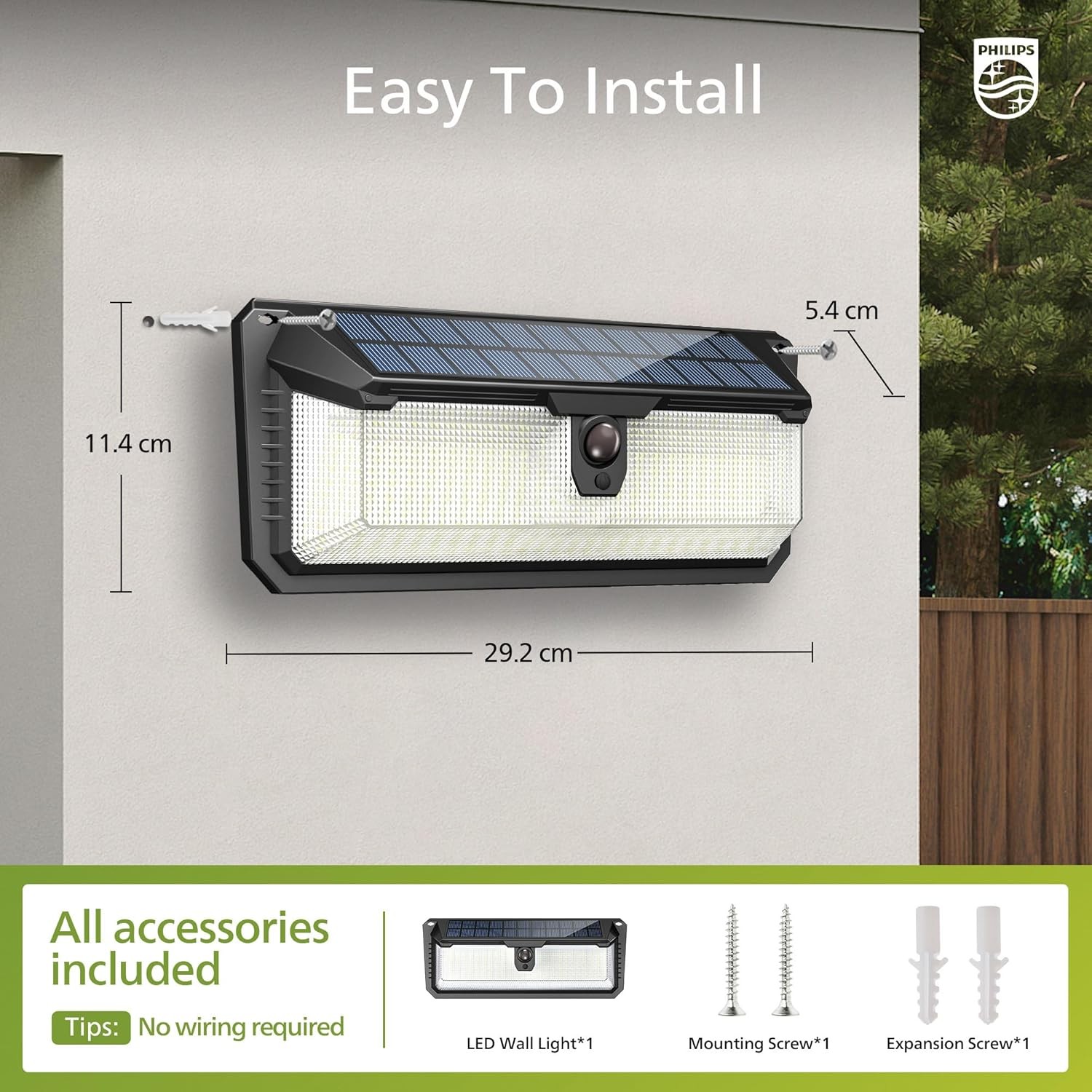 Philips Solar Lights Motion Sensor Outdoor, 258 LEDs Solar Powered Security Lights, 3 Lighting Modes, Waterproof Wall Lights for Outside Yard Fence Garden Garage
