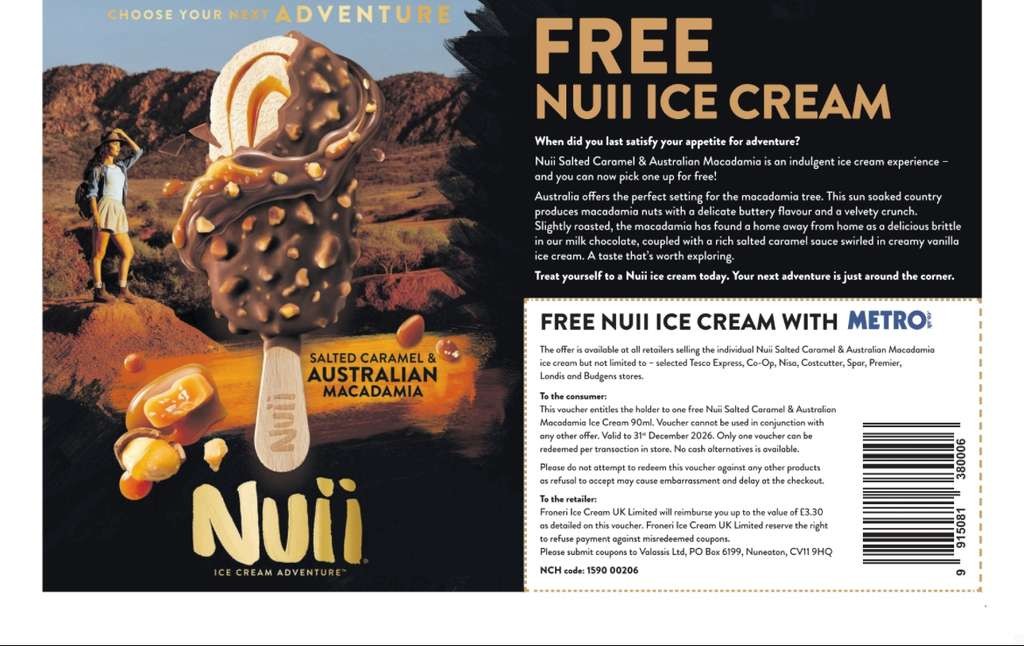 Free Nuii ice cream (single pack) with today's Metro newspaper, voucher needed