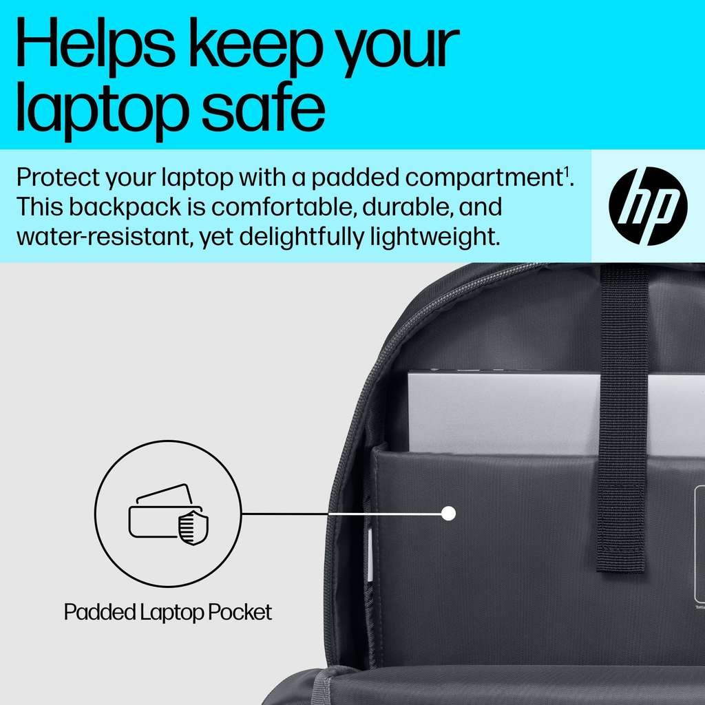 HP 15.6-inch laptop backpack. Padded, comfortable, water-resistant, durable, lightweight. Good
