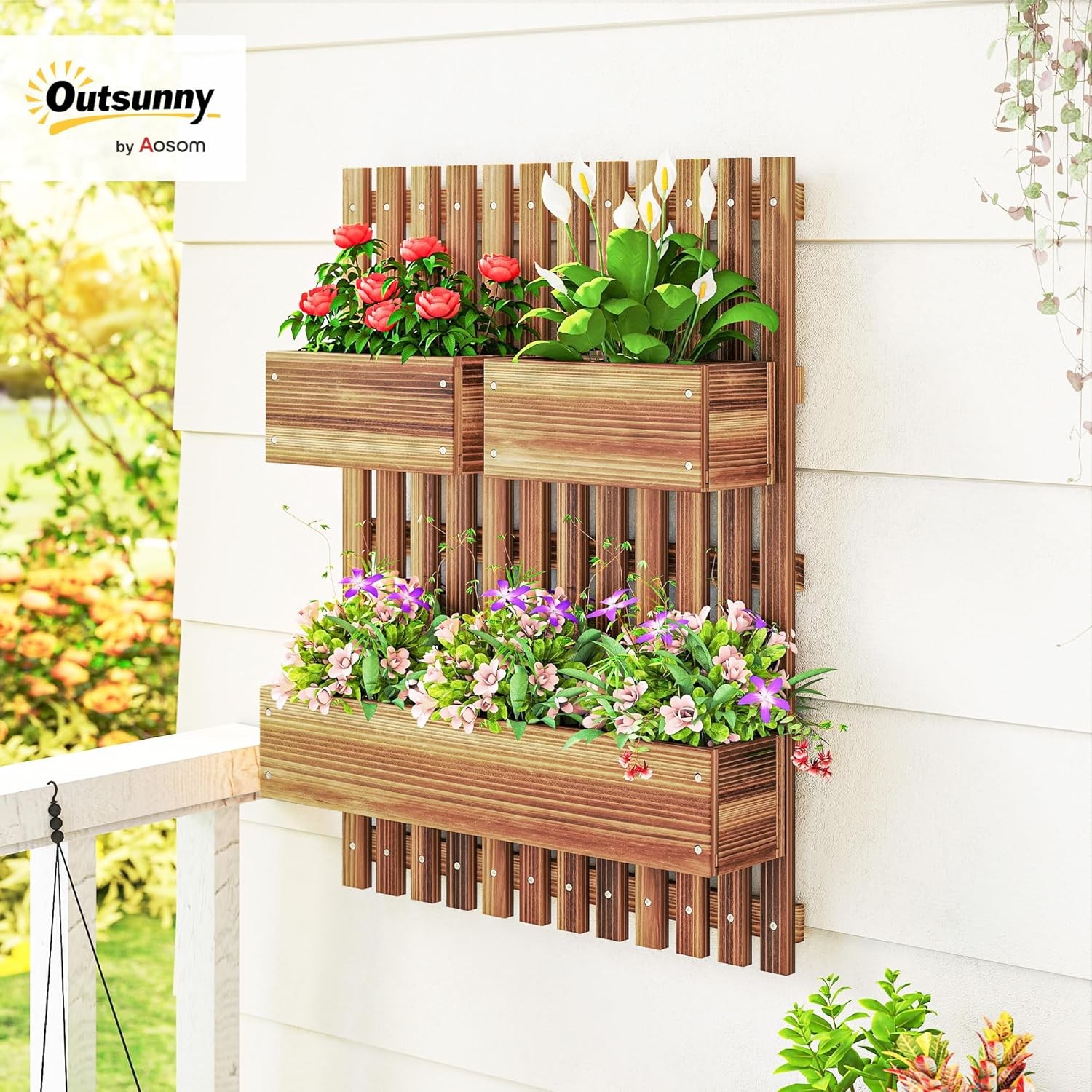 Outsunny Wall-mounted Wooden Garden Planters with Trellis, Drainage Holes and 3 Movable Planter Boxes, Carbonised