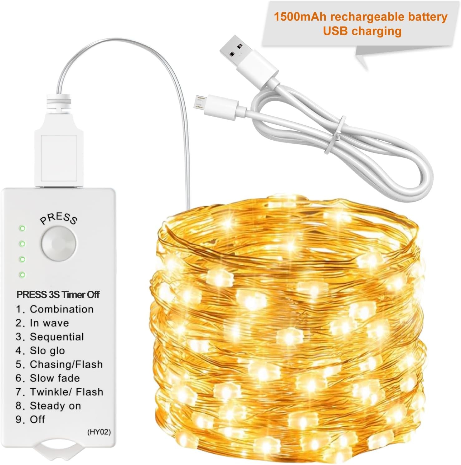 Sinamer Rechargeable Fairy Lights, 16ft 50 LED, Warm White