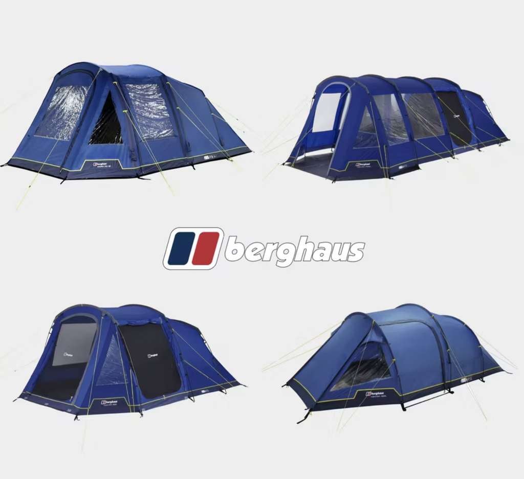 Berghaus Adhara Family Tents, 300 Nightfall, 500 Nightfall £200, 500 Air £280, 700 Nightfall £320, 700XL Air Nightfall £400 with code