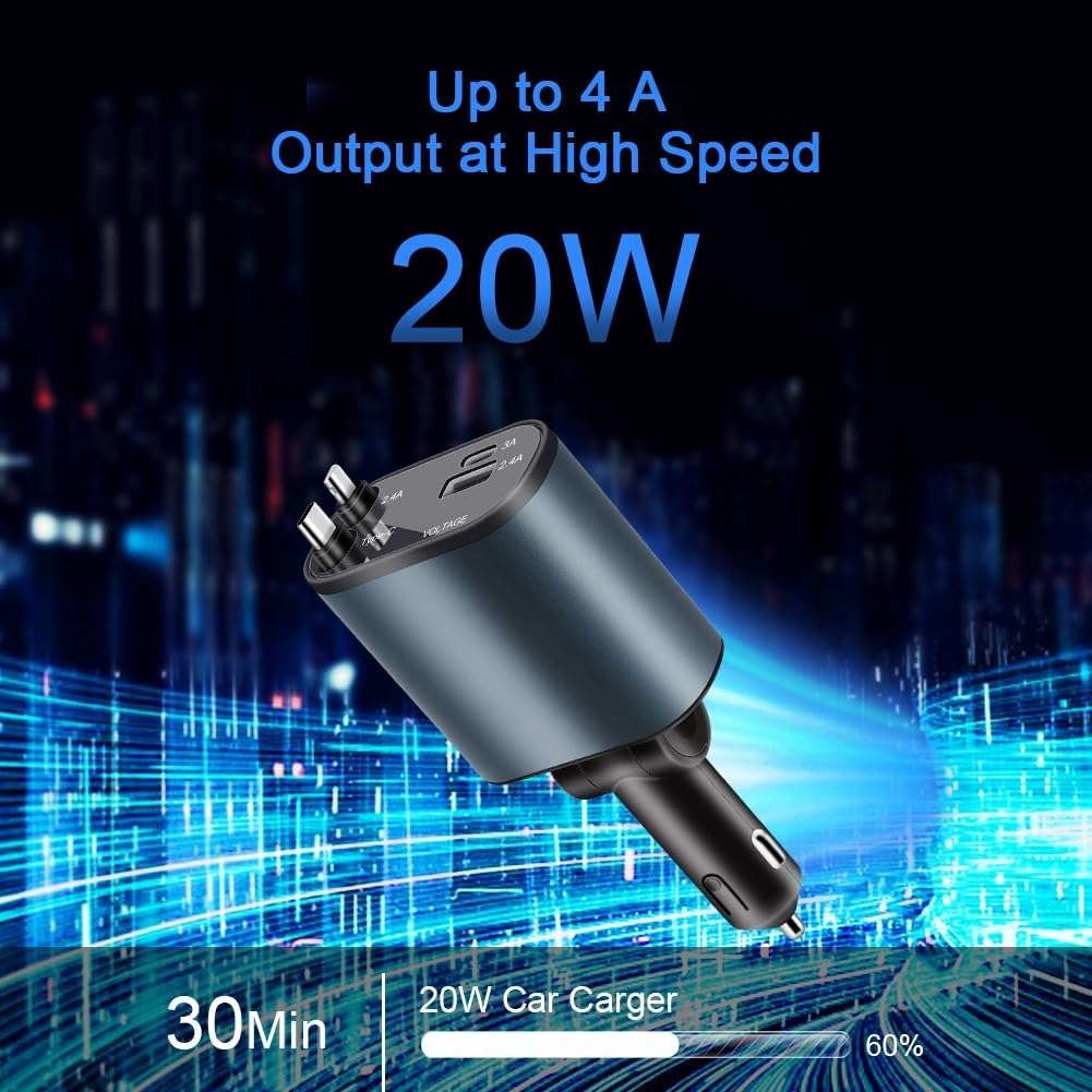 AXFEE Retractable 4 in 1 Fast Car Charger, 2 Port PD and QC 3.0, USB C and Lightning