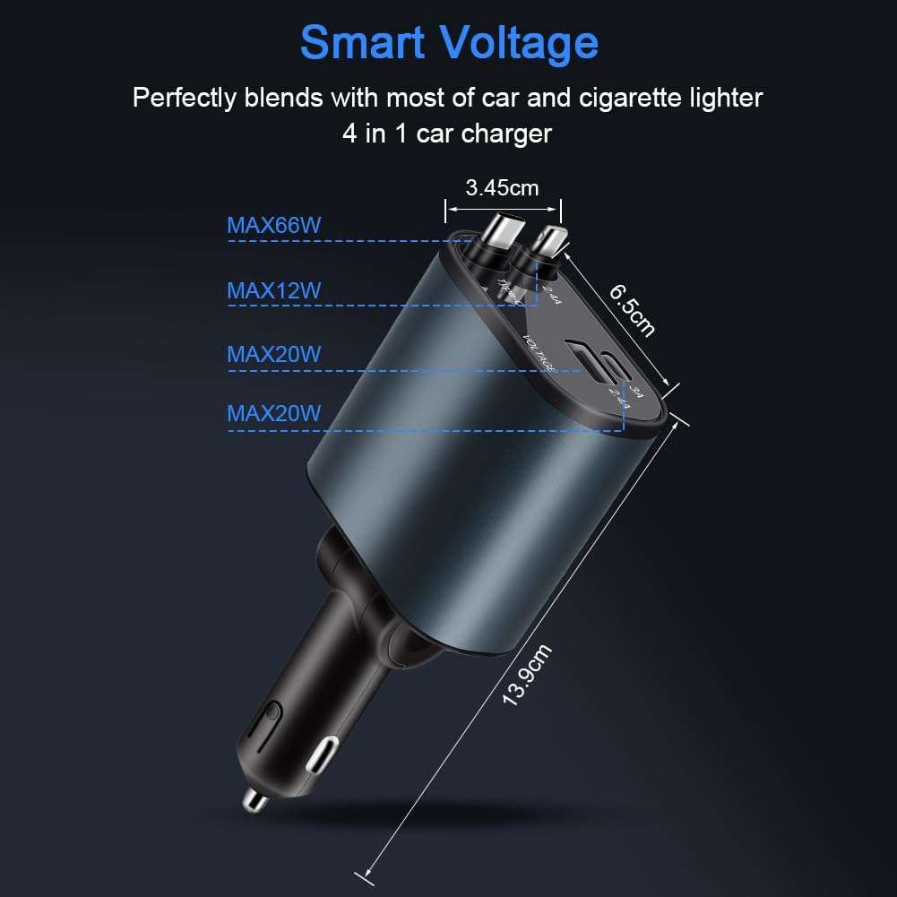 AXFEE Retractable 4 in 1 Fast Car Charger, 2 Port PD and QC 3.0, USB C and Lightning