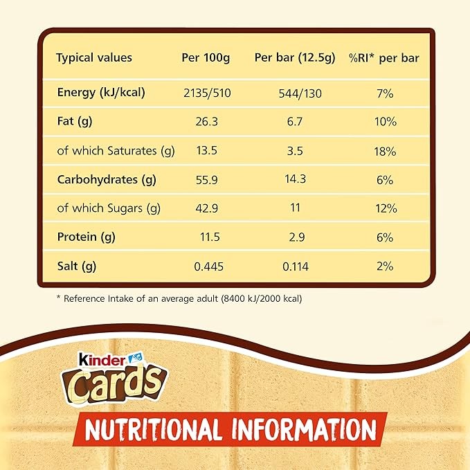 Kinder Cards Wafer Biscuit, Bulk Chocolate Gift Pack, Crispy Wafer with Creamy Milk and Cocoa Filling, Pack of 30 x 25.6g