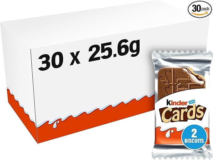 Kinder Cards Wafer Biscuit, Bulk Chocolate Gift Pack, Crispy Wafer with Creamy Milk and Cocoa Filling, Pack of 30 x 25.6g
