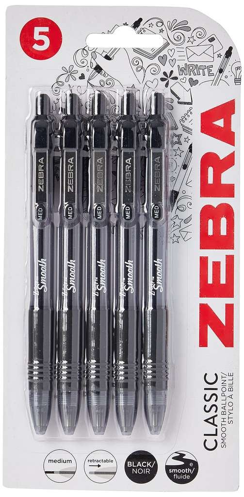 Zebra Pen Z Grip Black Ballpoint Pens 5-Pack, Black Ink, Medium Point