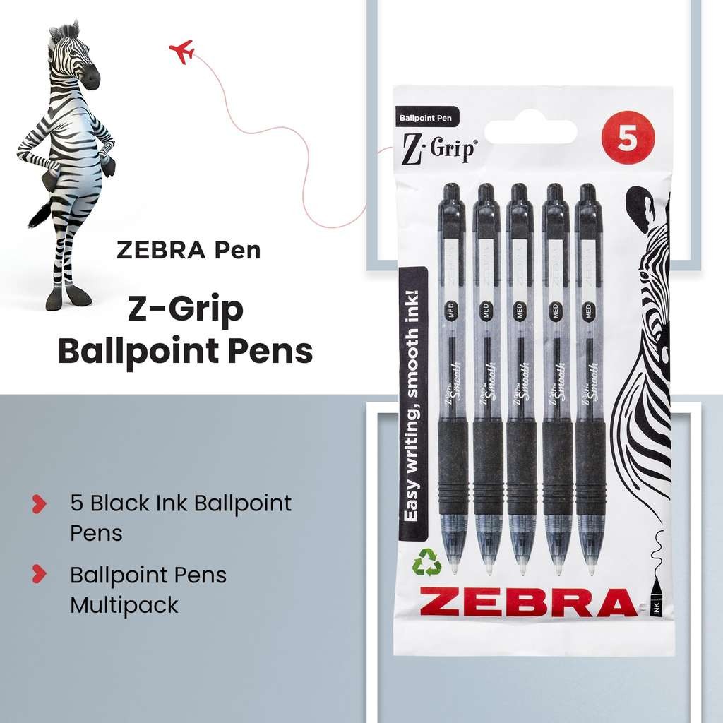 Zebra Pen Z Grip Black Ballpoint Pens 5-Pack, Black Ink, Medium Point
