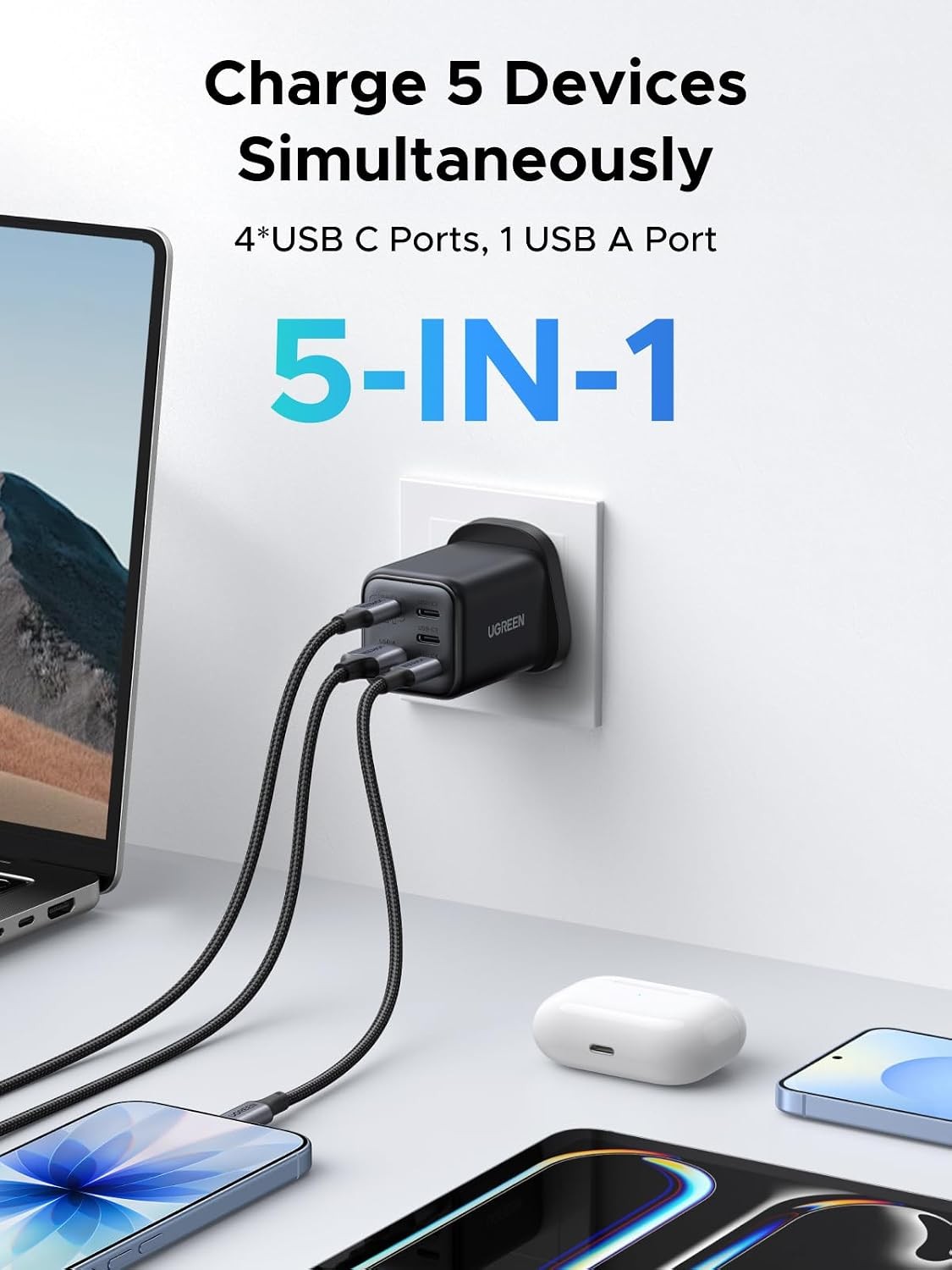 UGREEN 45W USB C Charger 5 Port GaN Fast Wall Plug Compact Power Adapter