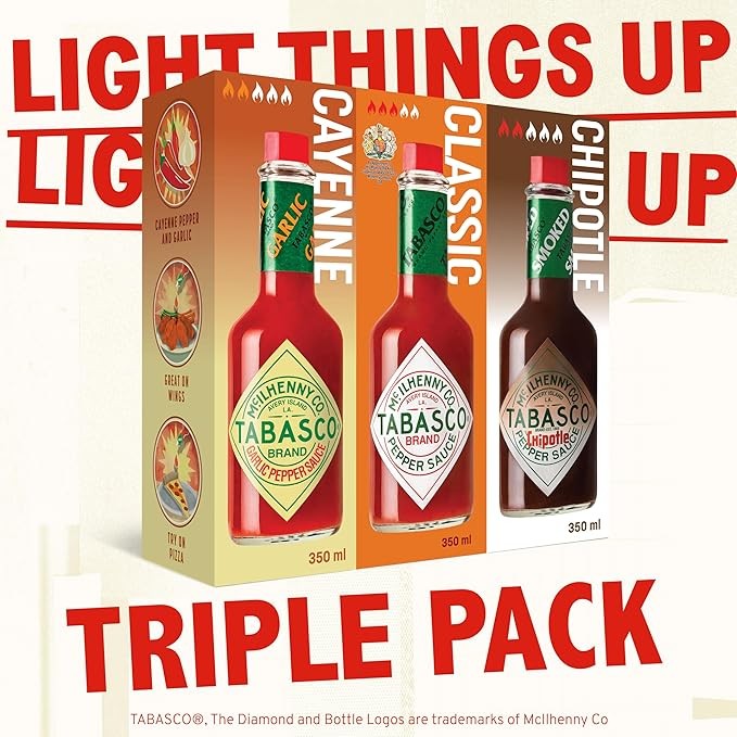 Tabasco Brand Hot Sauce Value Pack, 3 x 350ml, Original Red, Chipotle, Cayenne Garlic
