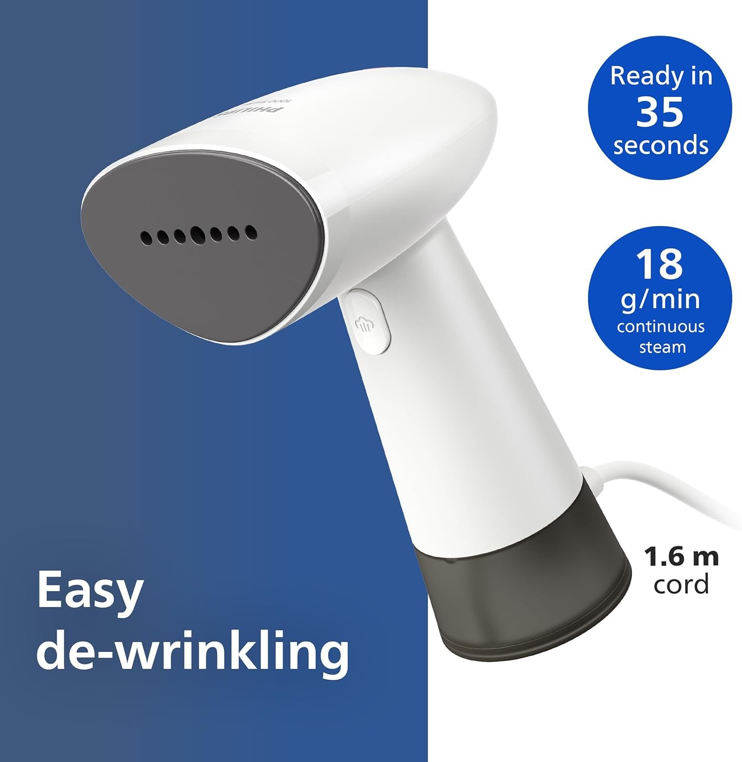 Philips 1000 Series Handheld Garment Steamer, Ready to use in seconds, Smooth Everyday Wrinkles, Compact 85 ml Tank, Heat-Resistant Glove, White, STH1010/10