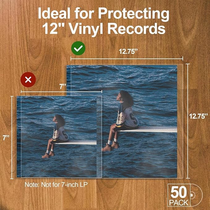 GPXIIZ Vinyl Sleeves Outer 12 Inch, 50x Crystal Clear Record Sleeves, 3 Mil Thick, Acid-Free & High-Density Polypropylene, Plastic Protective Vinyl Album Covers for 12" Single Double Albums & LPs