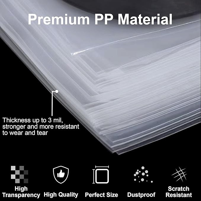 GPXIIZ Vinyl Sleeves Outer 12 Inch, 50x Crystal Clear Record Sleeves, 3 Mil Thick, Acid-Free & High-Density Polypropylene, Plastic Protective Vinyl Album Covers for 12" Single Double Albums & LPs