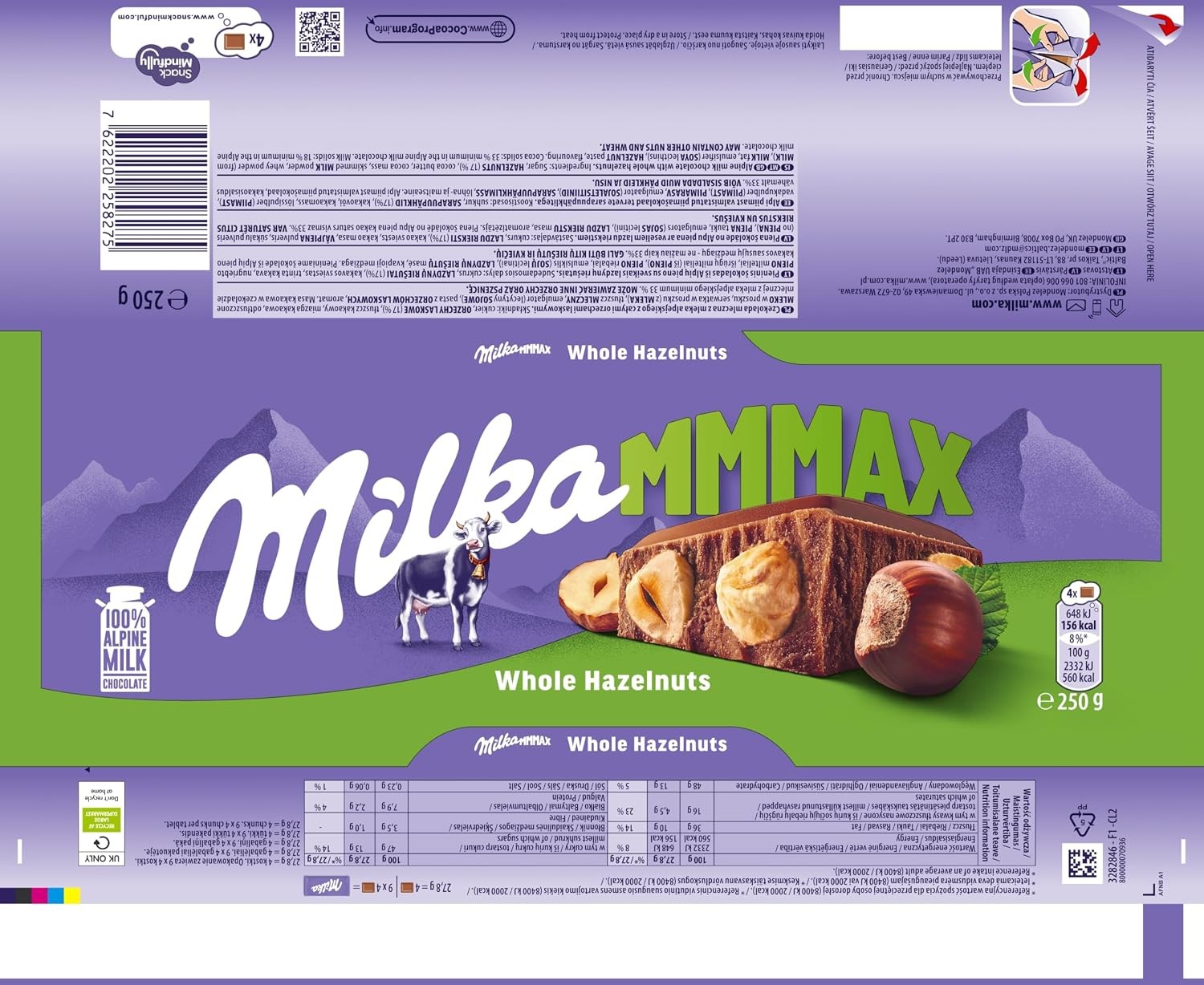 Milka Mmmax Alpine Milk Chocolate Bar with Whole Hazelnuts 250g 1-Pack