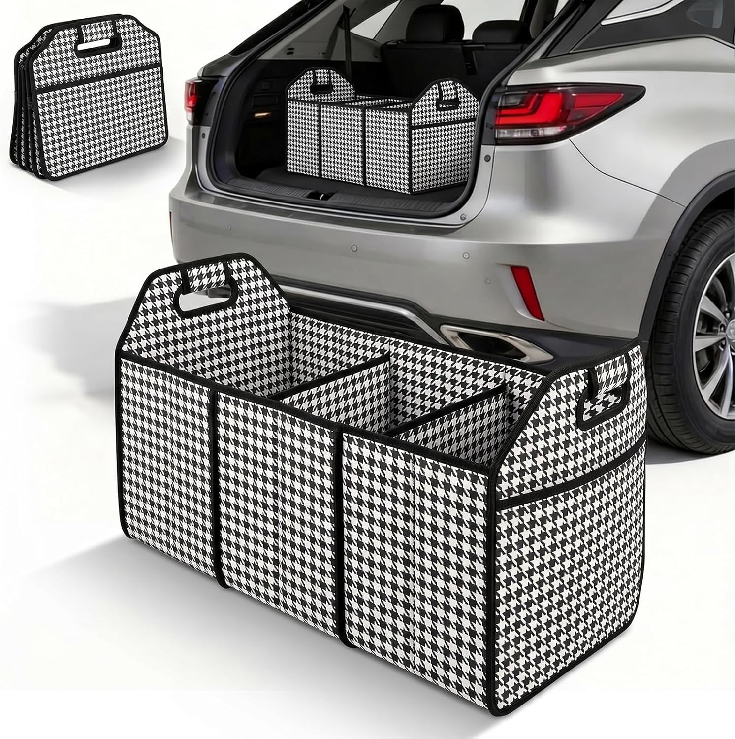Car Trunk Organizer, Multi-Compartment, Foldable, Dividers, Collapsible Car Storage Bin, Black & White