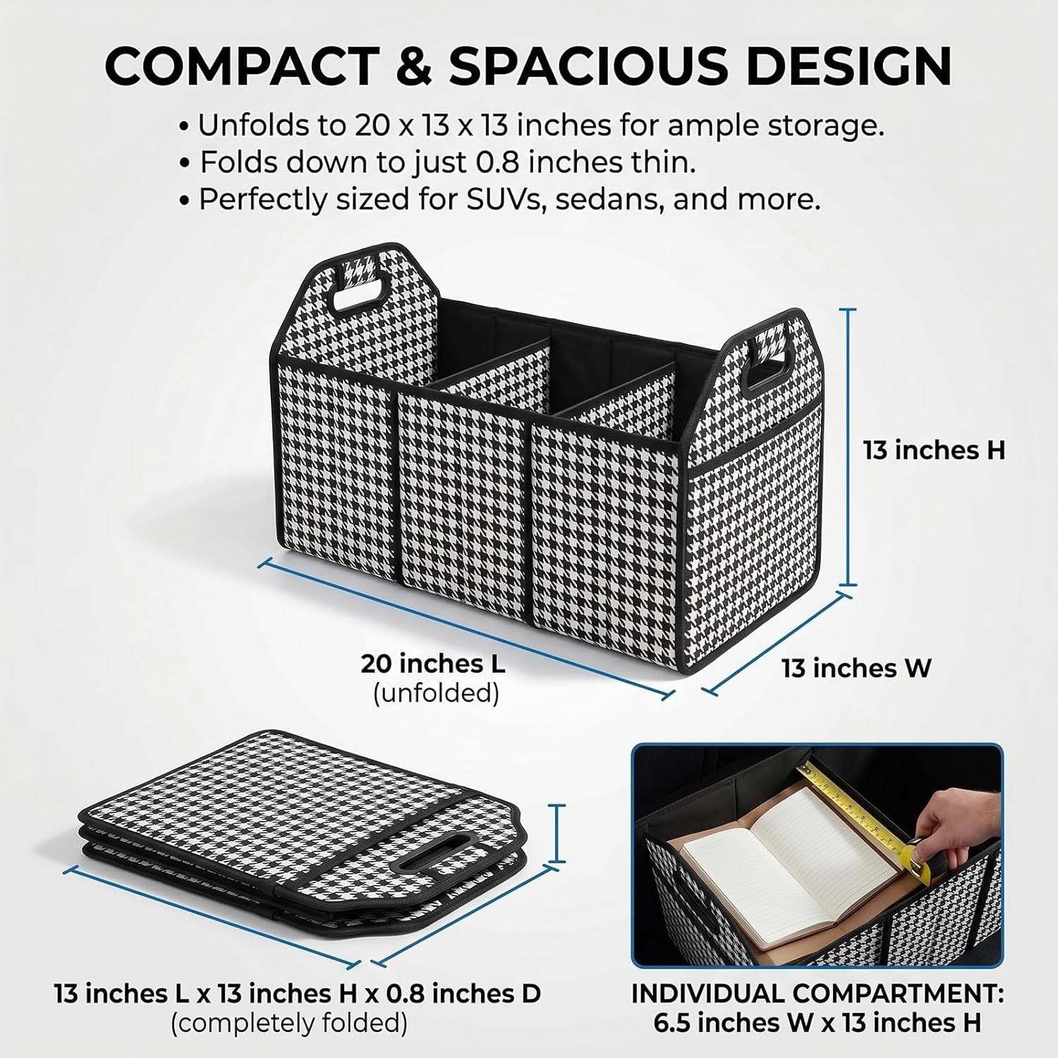 Car Trunk Organizer, Multi-Compartment, Foldable, Dividers, Collapsible Car Storage Bin, Black & White
