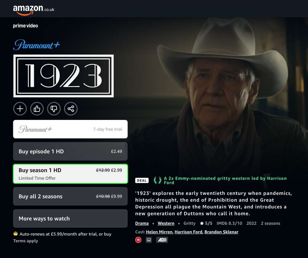 1923 Season 1, Prime Video