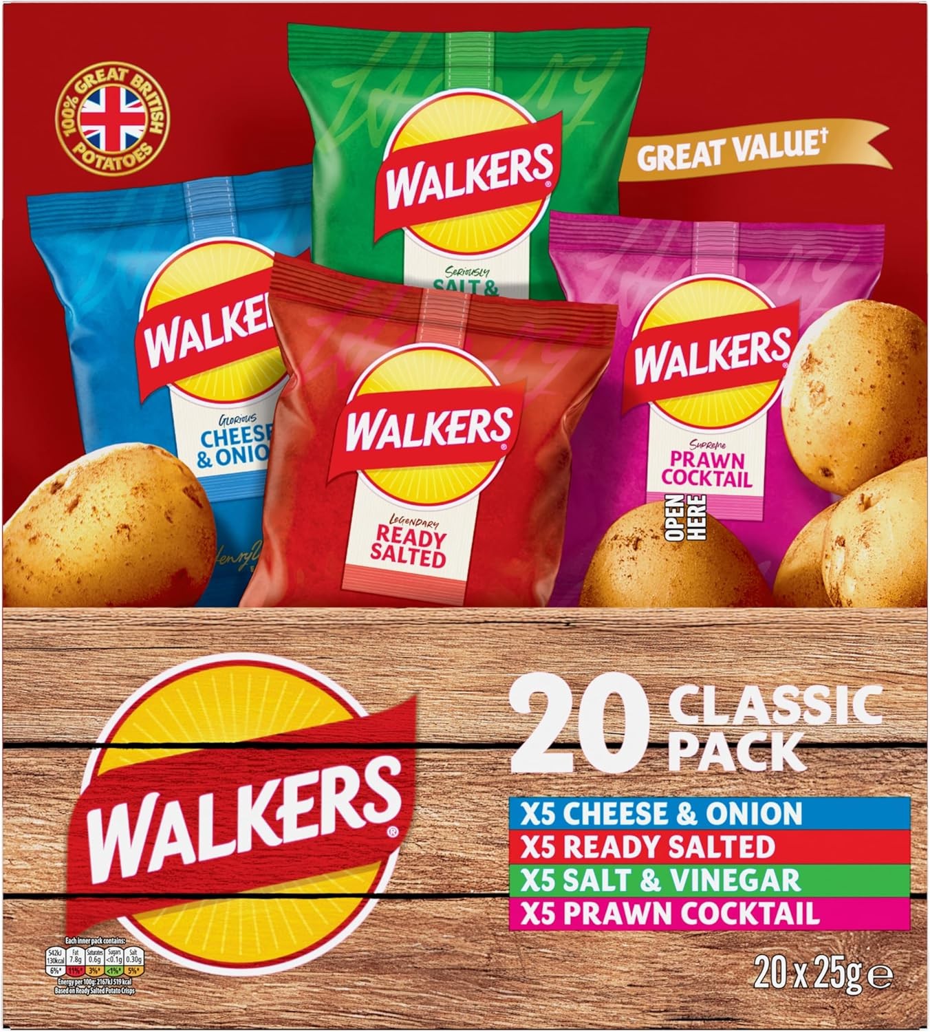 Walkers Classic Variety Crisps, 20x25g multipack box, great for lunchboxes