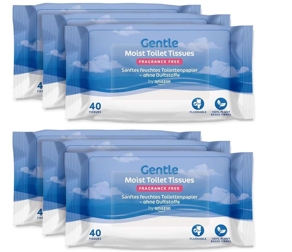 by Amazon Gentle Moist Toilet Tissues, Unscented, Fine to Flush, 240 Count, 6 Packs of 40