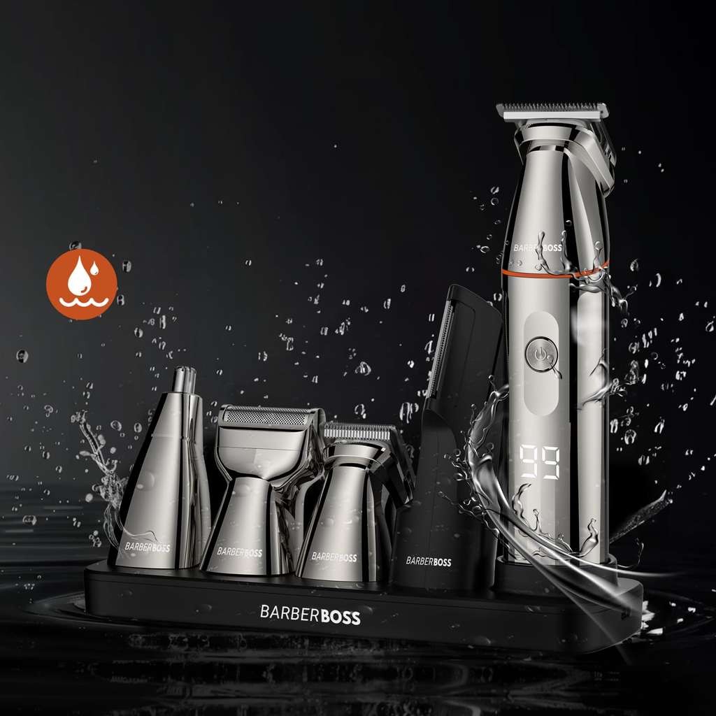BarberBoss 5-in-1 grooming kit for men, beard & nose trimmer, waterproof, USB-C, LED