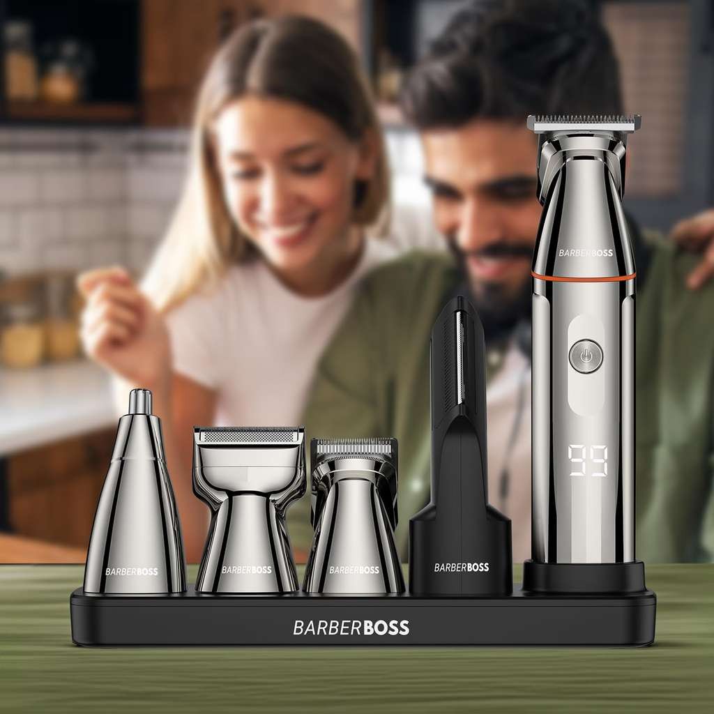 BarberBoss 5-in-1 grooming kit for men, beard & nose trimmer, waterproof, USB-C, LED