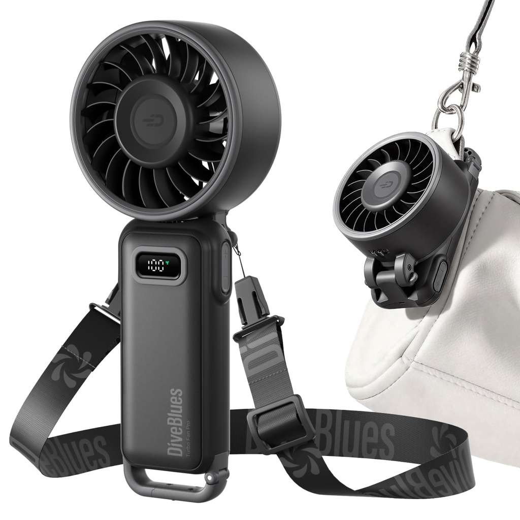 Diveblues Handheld Turbo Fan (1-100 speeds, strong airflow, USB-C). Handy 4-in-1 from Fuaxin/FBA