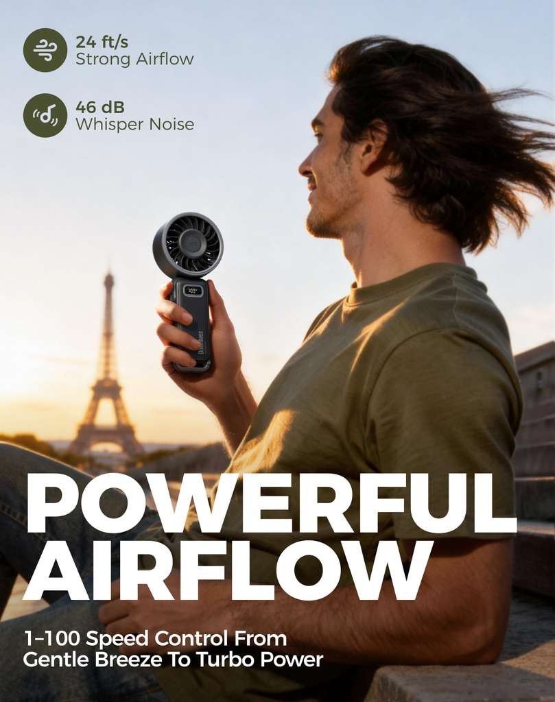 Diveblues Handheld Turbo Fan (1-100 speeds, strong airflow, USB-C). Handy 4-in-1 from Fuaxin/FBA