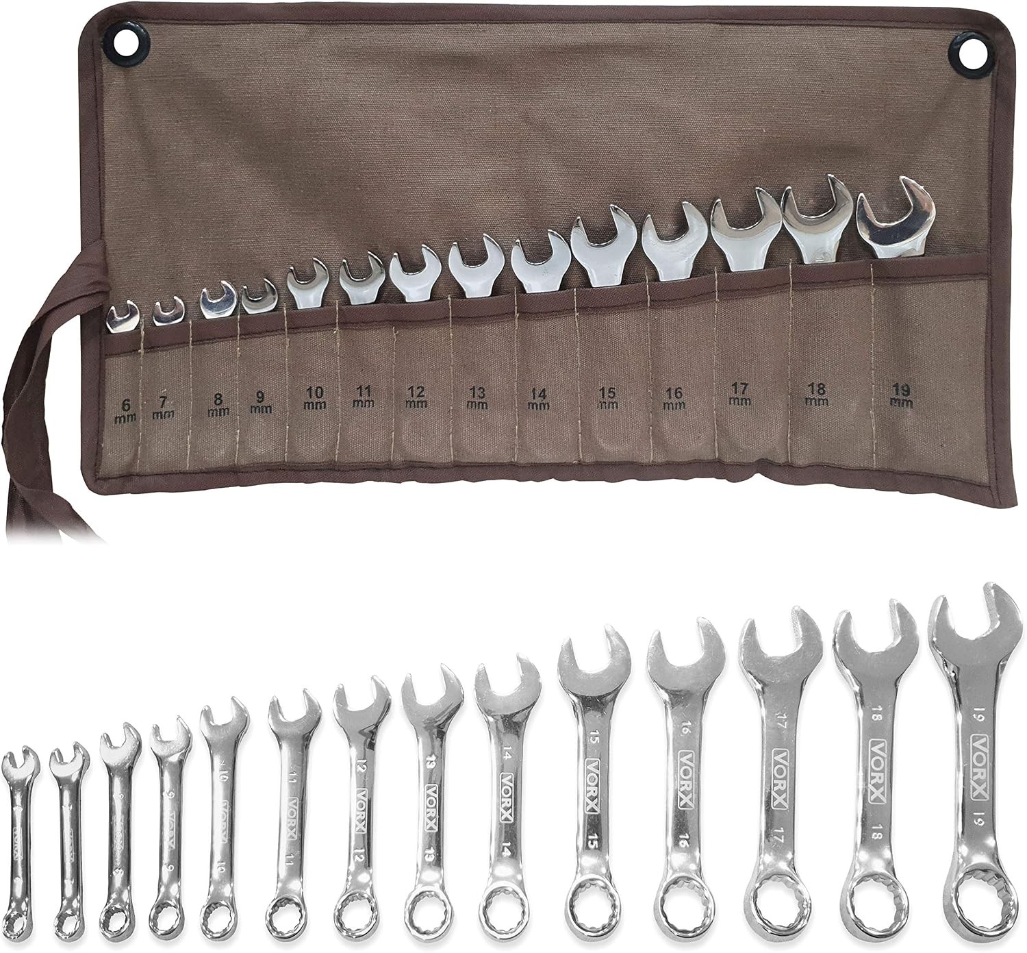 Vorx Stubby Spanner Set 14 Pc 6mm to 19mm Chrome Vanadium in Canvas Wallet