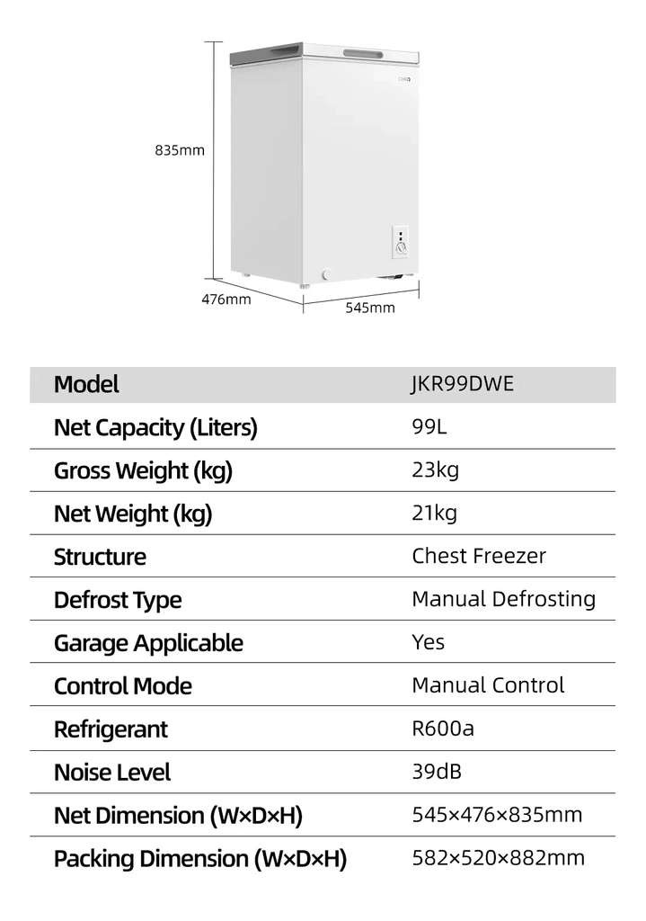 CHiQ JKR99DWE 99L Chest Freezer, 4* -24C, LED, 2yr warranty, 4D fast freeze, E rated, with code
