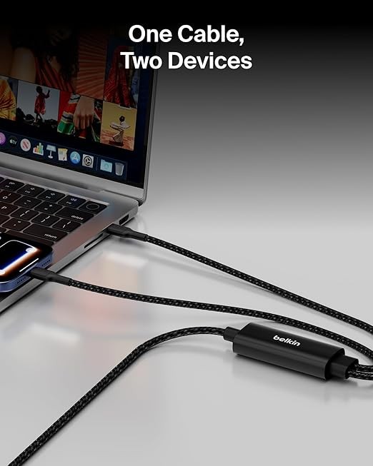 Belkin BoostCharge Pro 2-in-1 USB C to USB C Charger Cable 140W, Braided Dual Charging Cable, Black
