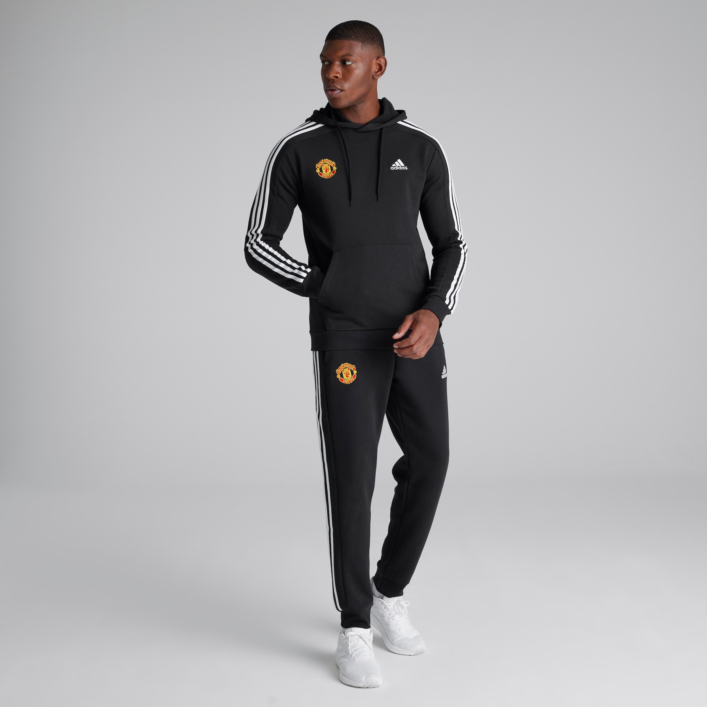 Manchester United x adidas Mens Essentials Fleece 3-Stripes Hoodie Black