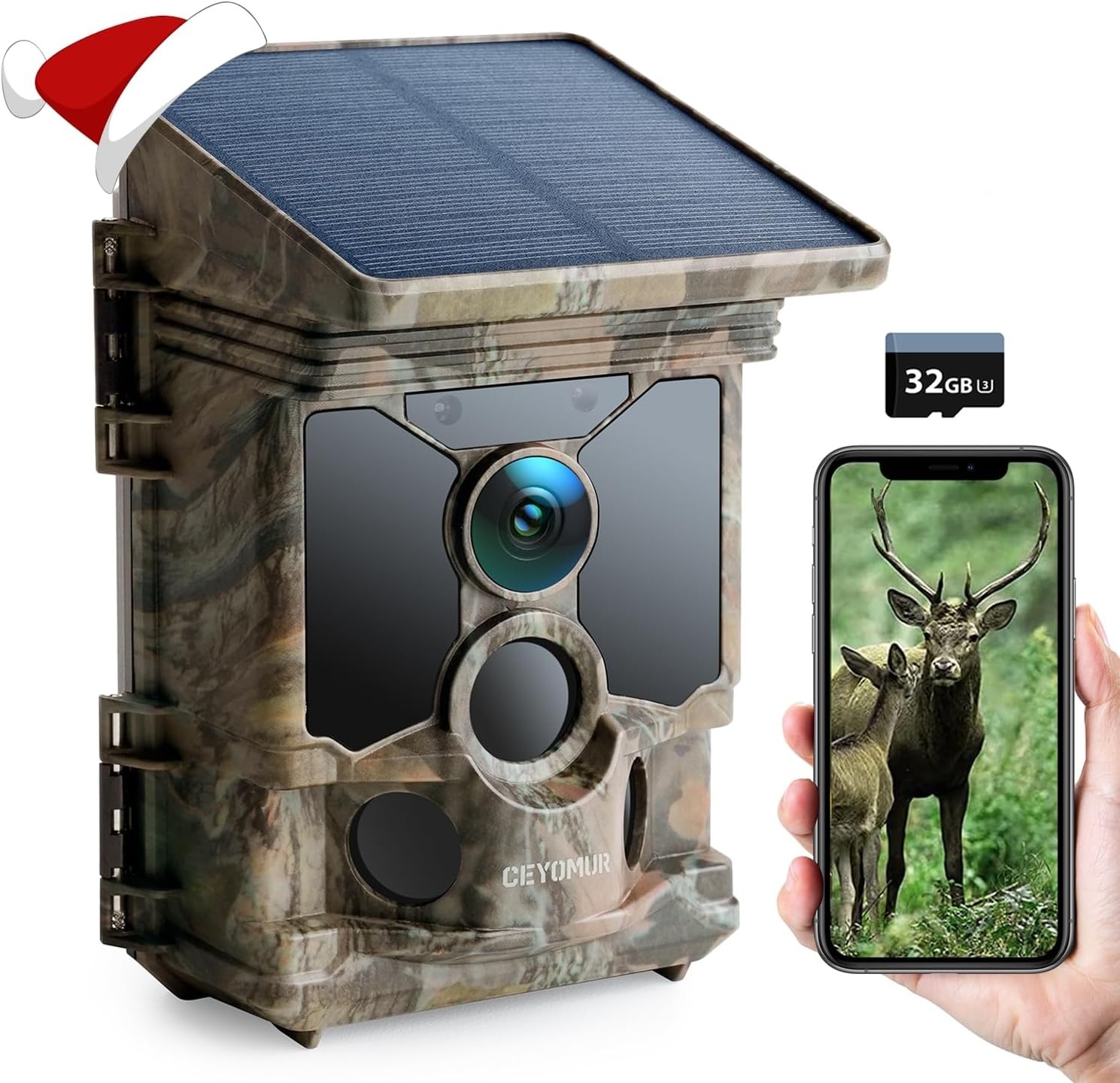 Ceyomur Solar Wildlife Camera 4K 30fps, WiFi Bluetooth 68MP Trail Camera, 32GB SD Card