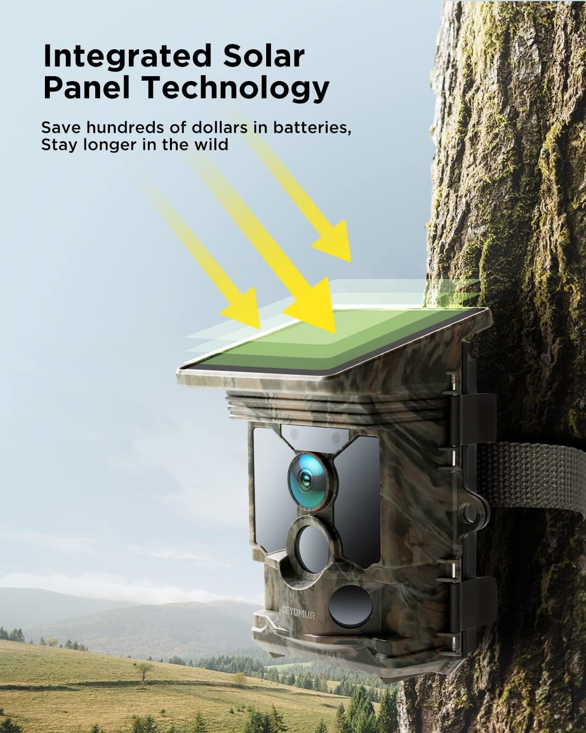 Ceyomur Solar Wildlife Camera 4K 30fps, WiFi Bluetooth 68MP Trail Camera, 32GB SD Card