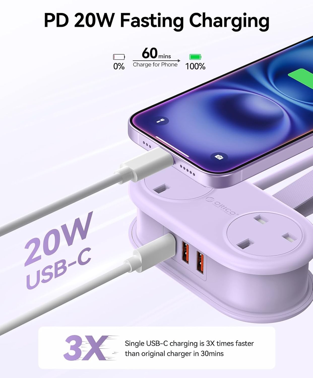 Orico PD 20W Extension Lead 1.11m with 3 USB Slots Purple AP3Pro