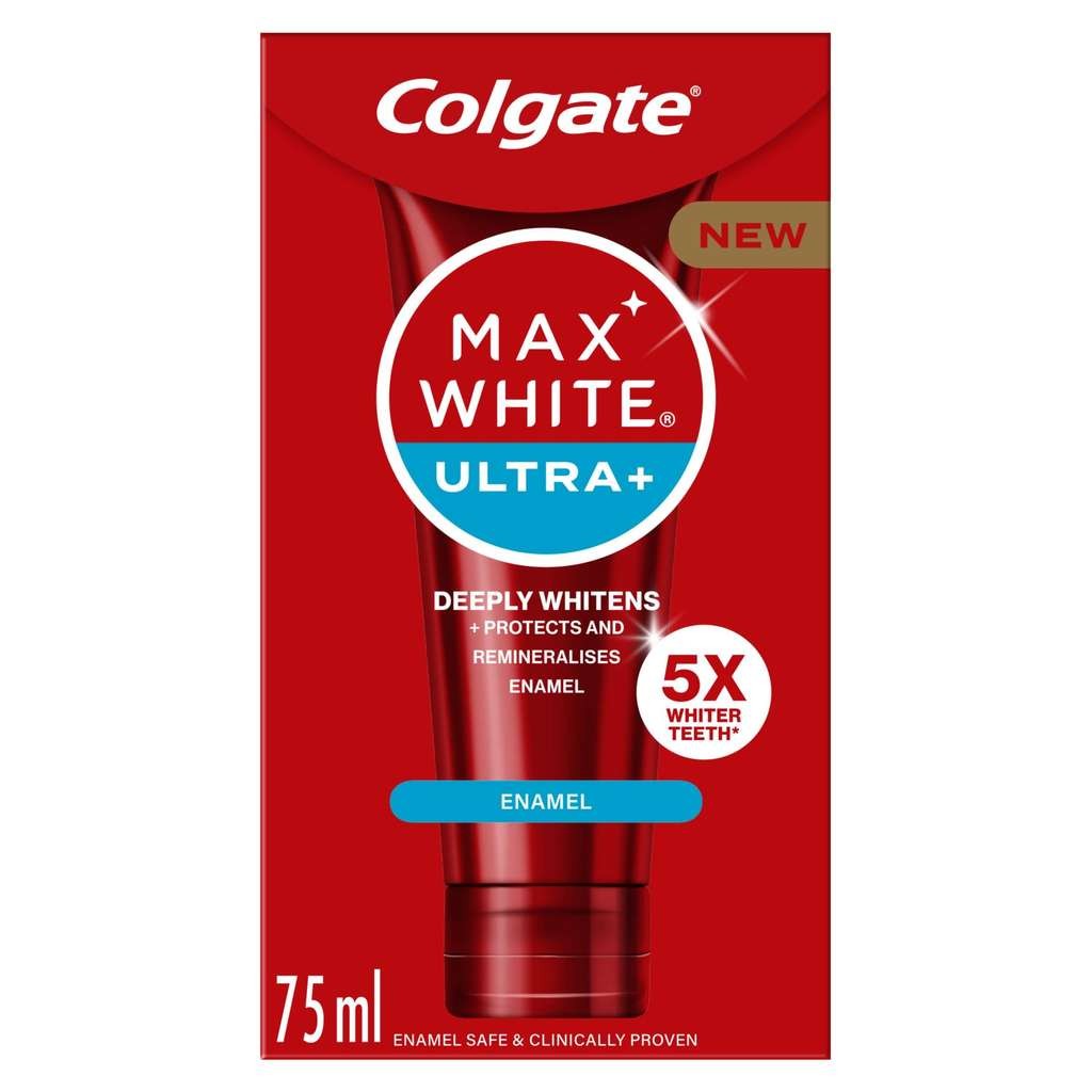 Colgate Max White Ultra+ Enamel Toothpaste 75ml, good for deep stains & 5X whiter teeth