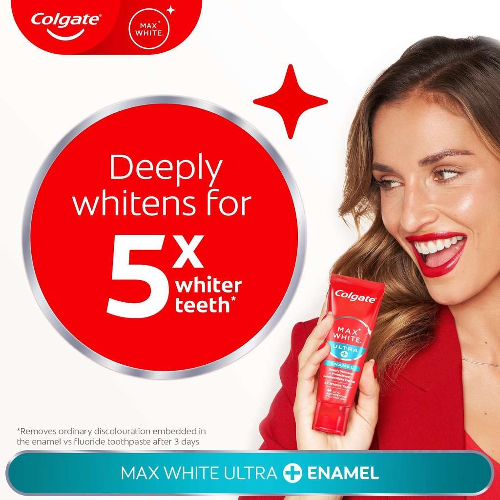 Colgate Max White Ultra+ Enamel Toothpaste 75ml, good for deep stains & 5X whiter teeth