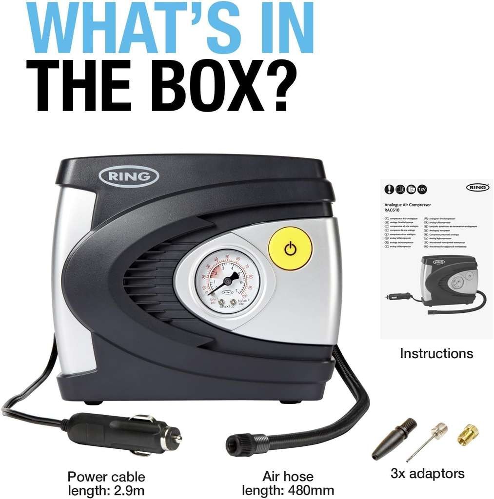 RING TYREINFLATE 610 Analogue Tyre Inflator Air Compressor, adaptor kit included, PSI & BAR