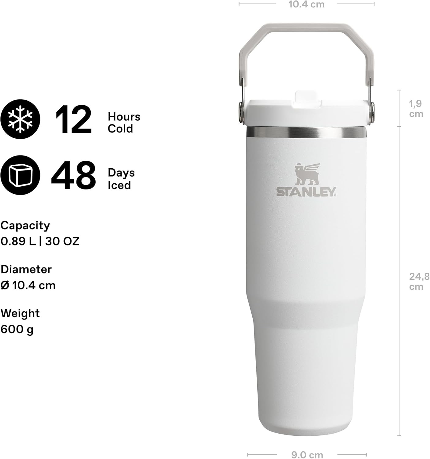 Stanley 1913 Flip Straw Tumbler 0.89L, Frost, keeps cold for 12+ hours, easy to carry, dishwasher safe, stainless steel bottle with straw