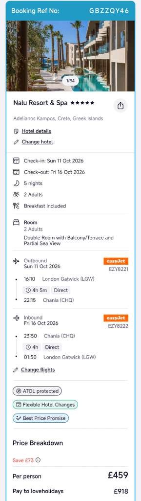 5 Nights B&B, 5* Nalu Resort & Spa, Crete, Flights London Gatwick, 2 Adults, £459pp