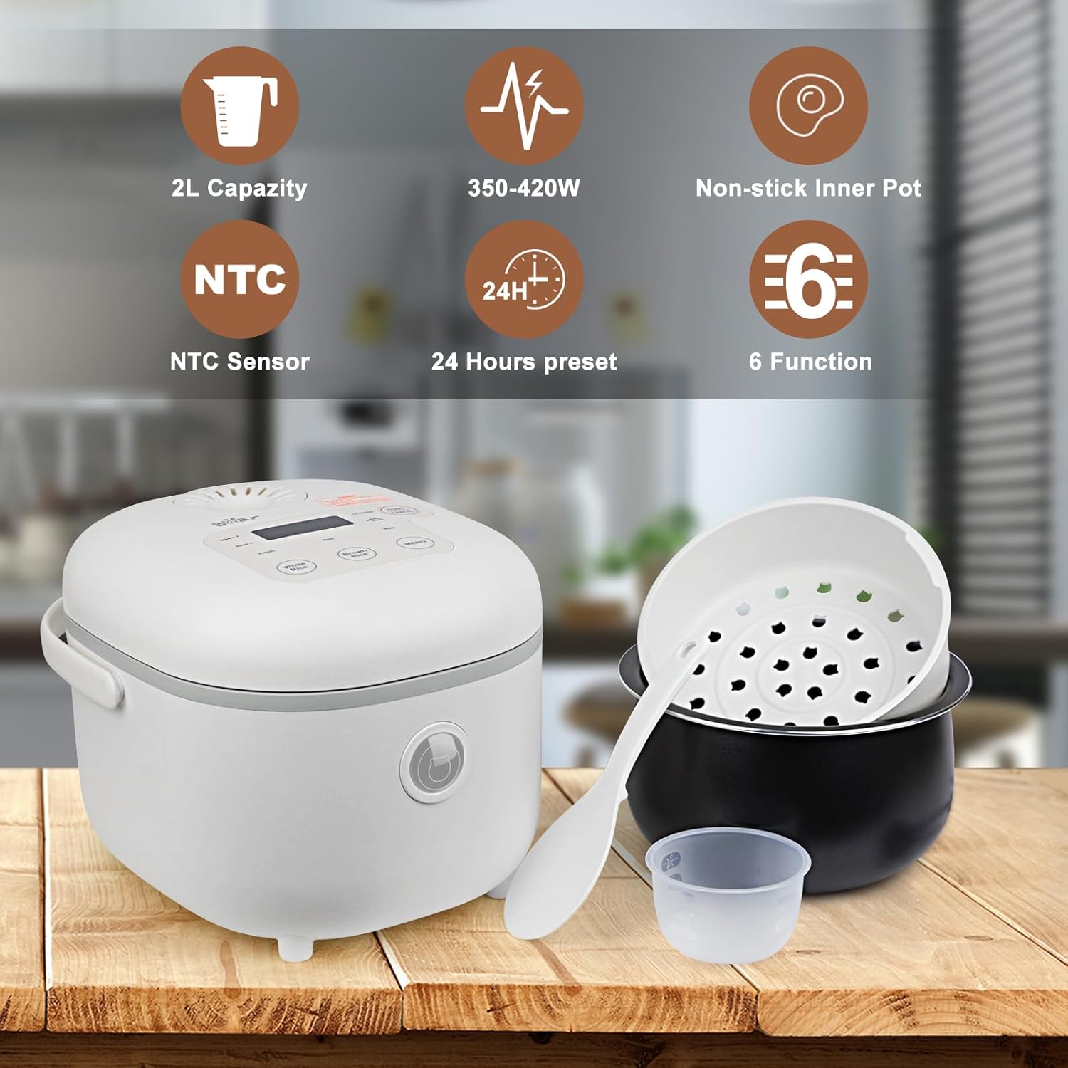 Bear Small Rice Cooker, 4 Cup 2L Multifunctional with Steamer, White