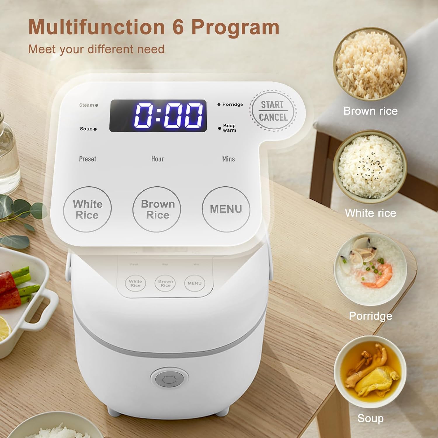 Bear Small Rice Cooker, 4 Cup 2L Multifunctional with Steamer, White