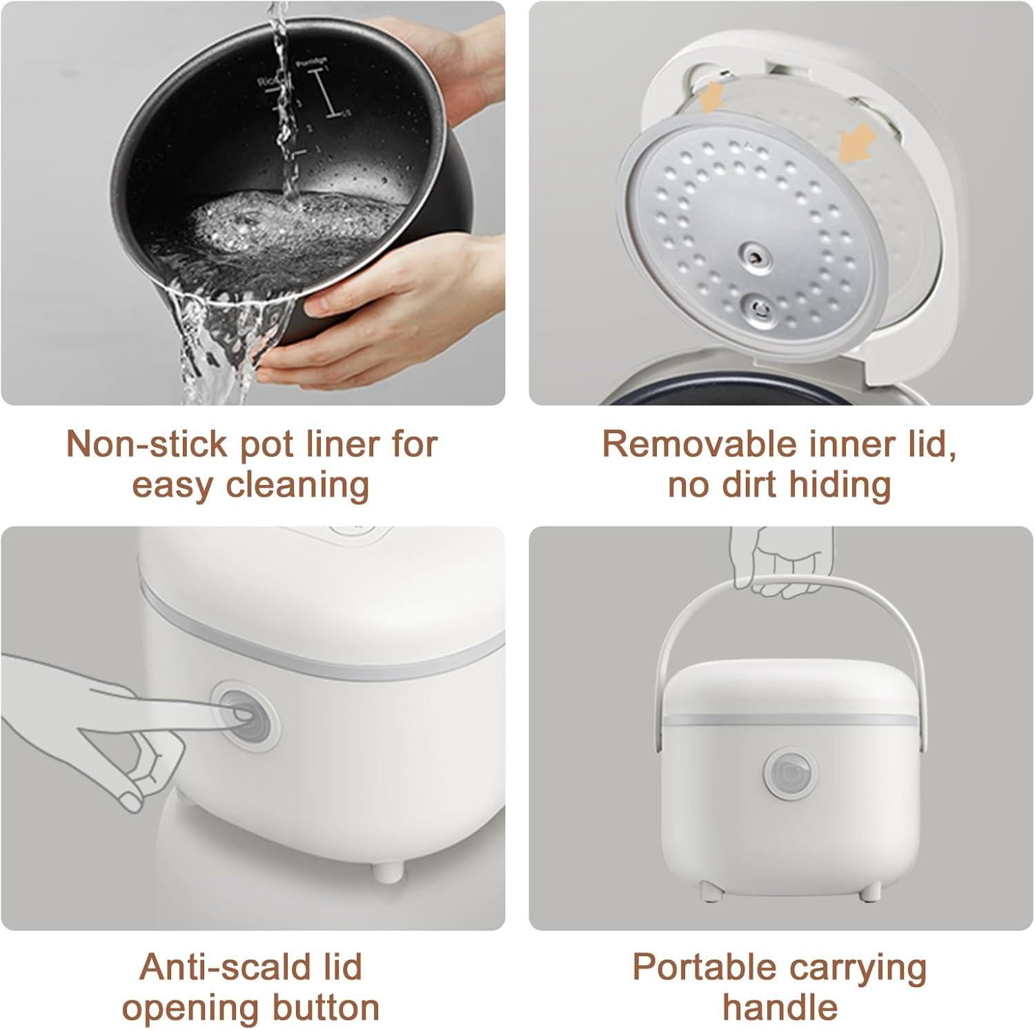 Bear Small Rice Cooker, 4 Cup 2L Multifunctional with Steamer, White