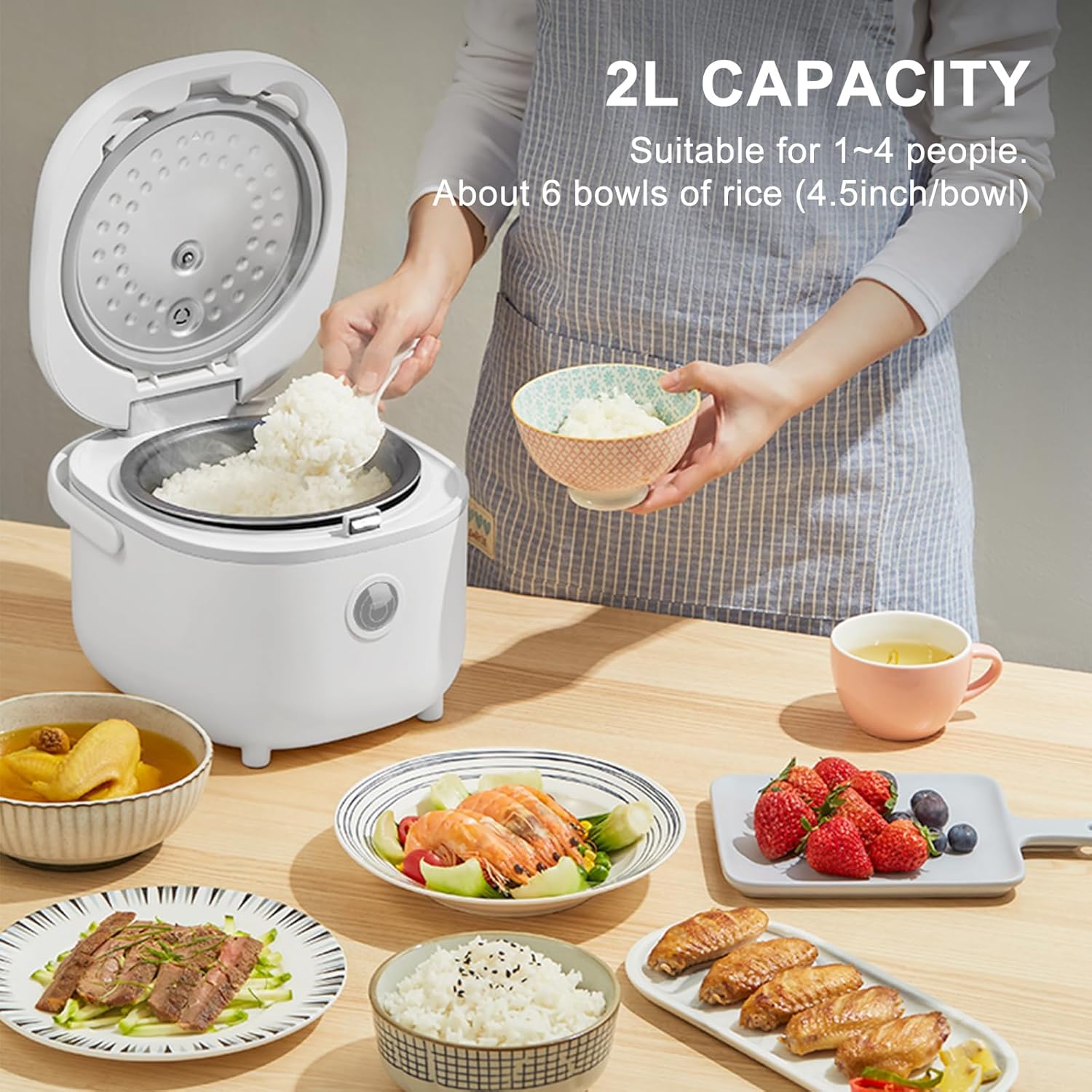 Bear Small Rice Cooker, 4 Cup 2L Multifunctional with Steamer, White
