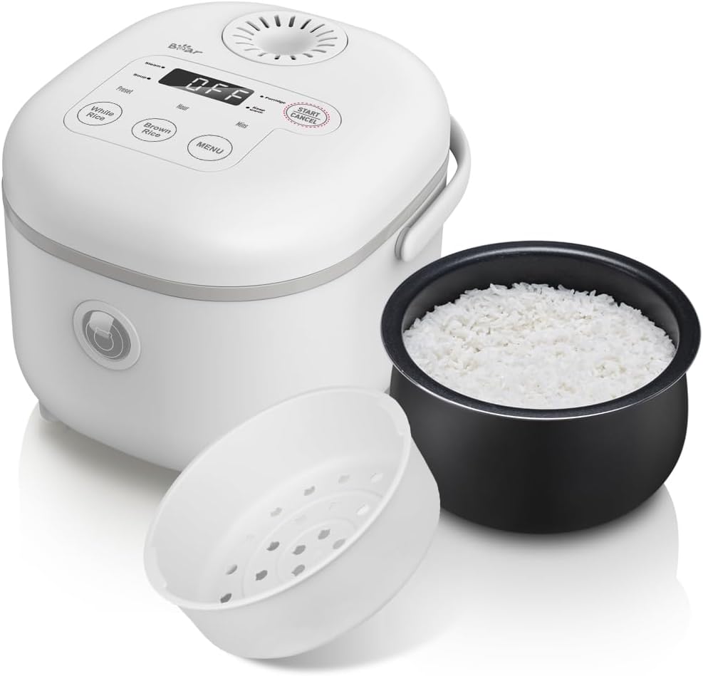 Bear Small Rice Cooker, 4 Cup 2L Multifunctional with Steamer, White